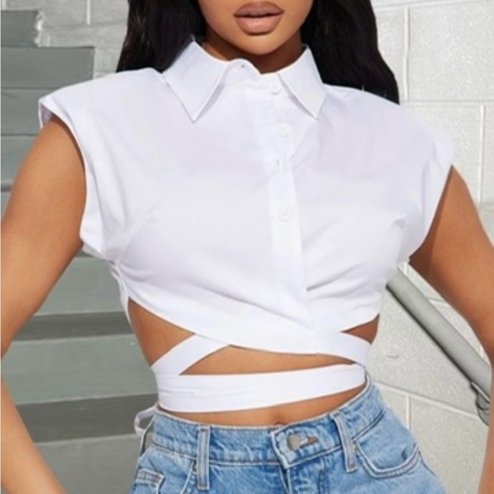 White Cropped Button Down Shirt with Cut Out Wrap